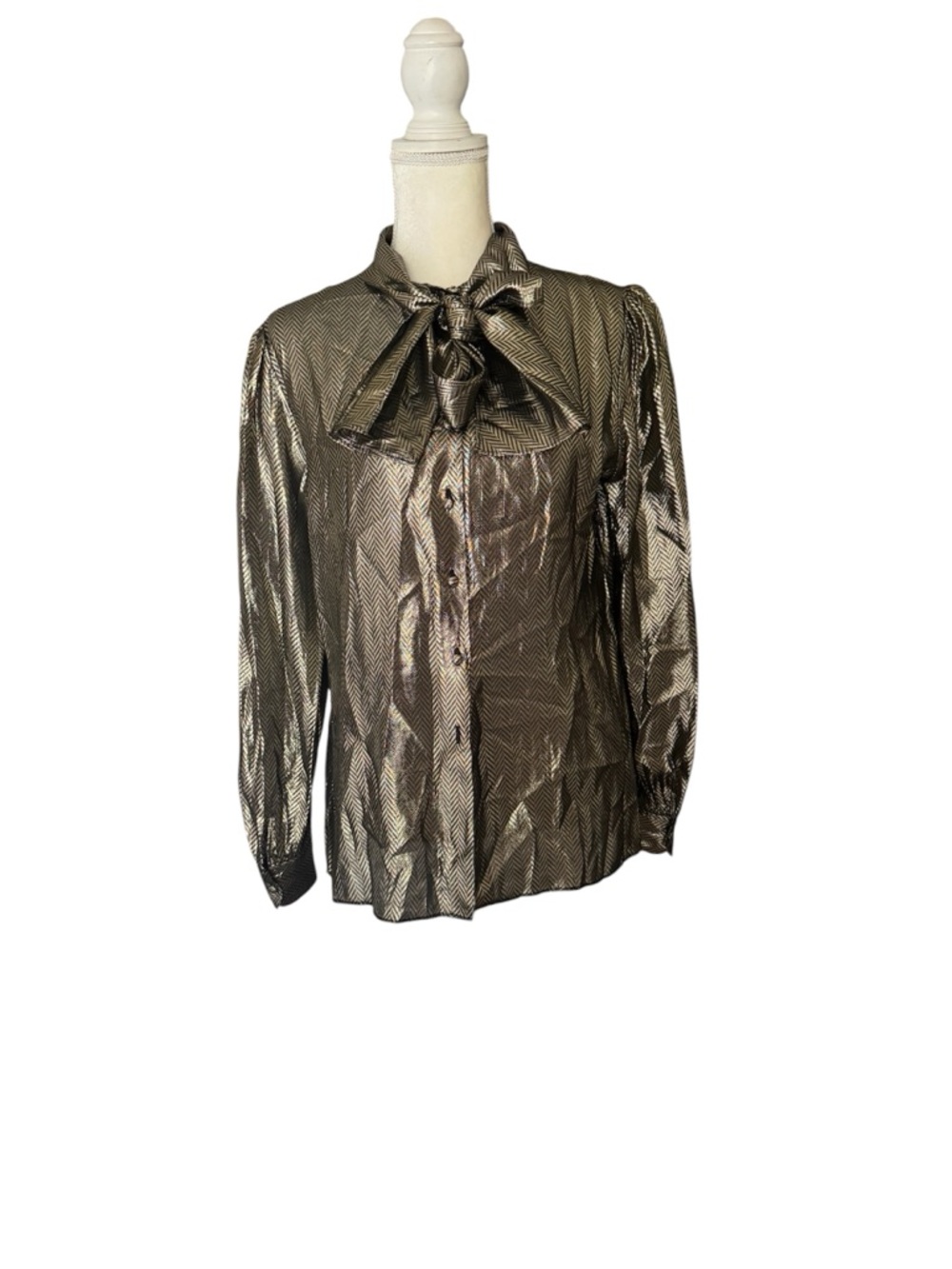 St. John Metallic Bow-Tie Blouse in Shimmery Gold-Bronze